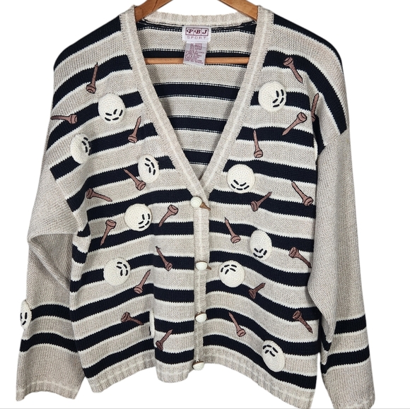 PBJ Sport Sweaters - PBJ Sport Vintage 3D Buttons Golf Sweater  Cardigan Embroidered Golf Balls Tees